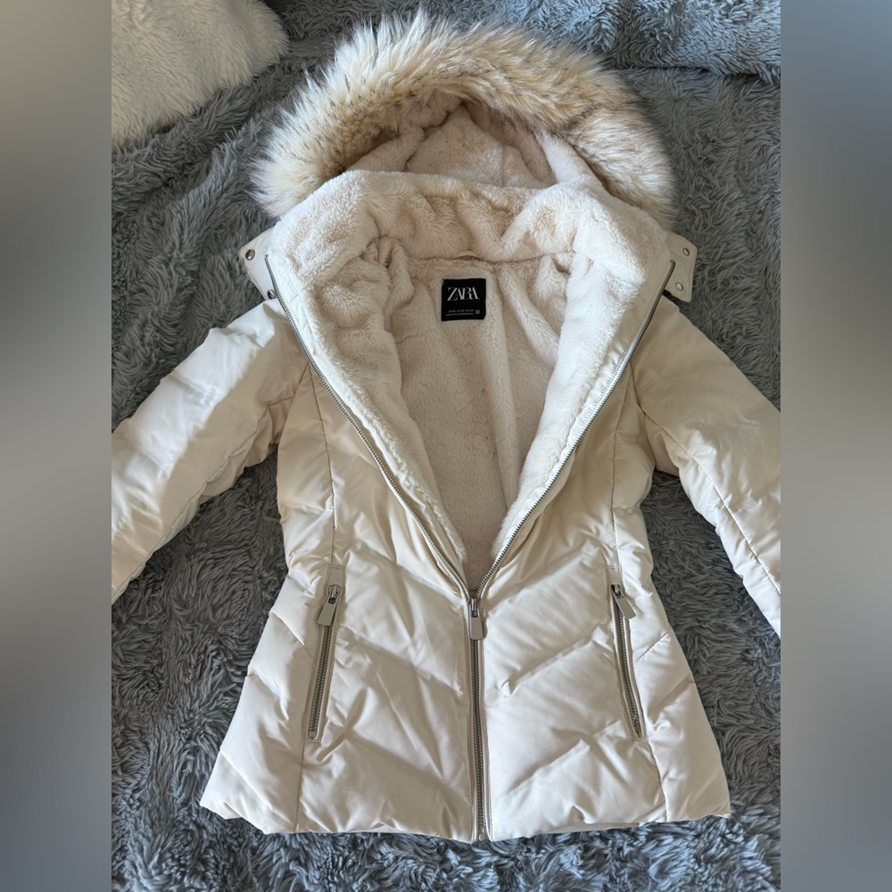 Zara Cream Puffer Jacket with Faux Fur Hood
